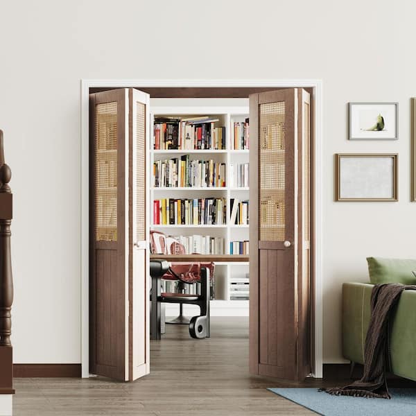 72 in. x 80 in. Half Webbing Half Panel, MDF,Cherry, Solid Core, Composite, PVC Covering Bi-Fold Door with Hardware Kits