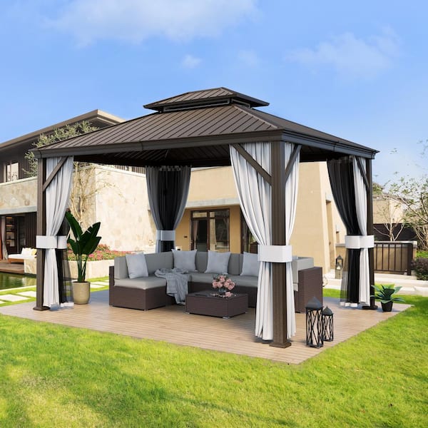 PamaPic 10 ft. x 12 ft. Brown Metal Hardtop Gazebo with