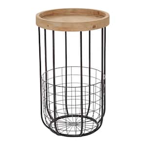 16 in. Black Large Round Wood End Accent Table with Brown Wood Top and Wire Basket Storage