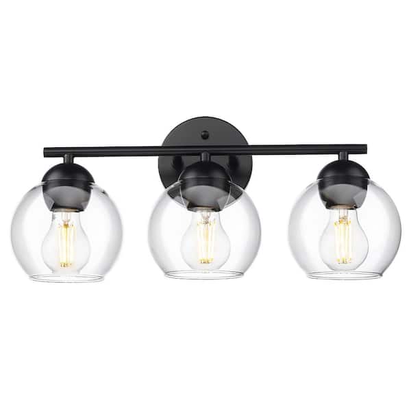 JAZAVA 18.5 in. 3-Light Black Vanity Light with Clear Glass Shade