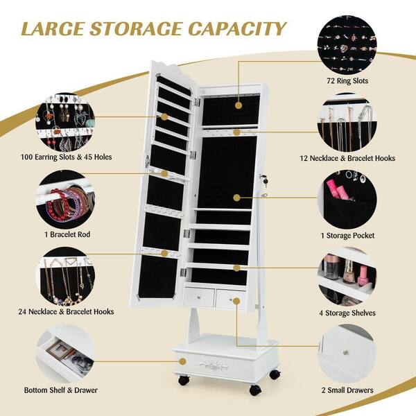 Mecale White Rolling Floor Standing Mirrored Jewelry Armoire with