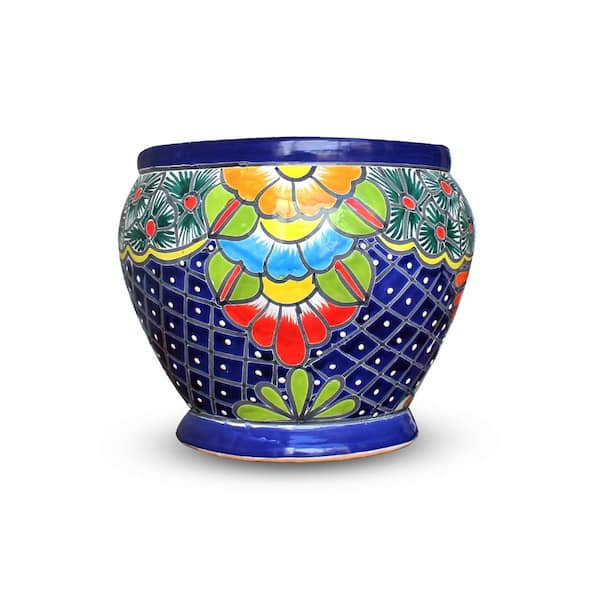 Evergreen 10 in. Blue Talavera Ceramic Ribtop Planter