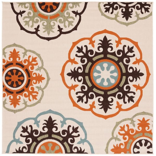 Veranda Cream/Terracotta 7 ft. x 7 ft. Floral Ornate Indoor/Outdoor Square Area Rug