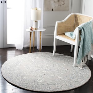 Micro-Loop Light Gray/Ivory 5 ft. x 5 ft. Round Border Floral Area Rug