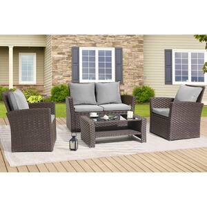 4-Piece Rattan Wicker Patio Conversation Set with Gray Cushions and Coffee Table