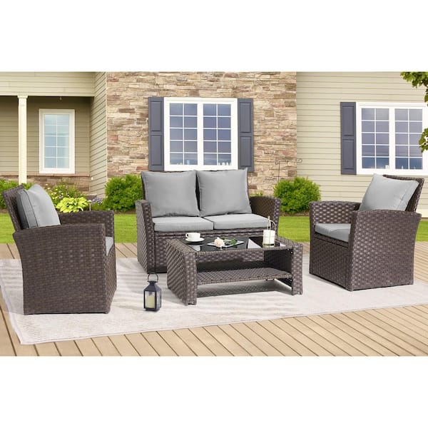 Sonkuki 4-Piece Rattan Wicker Patio Conversation Set with Gray Cushions and Coffee Table