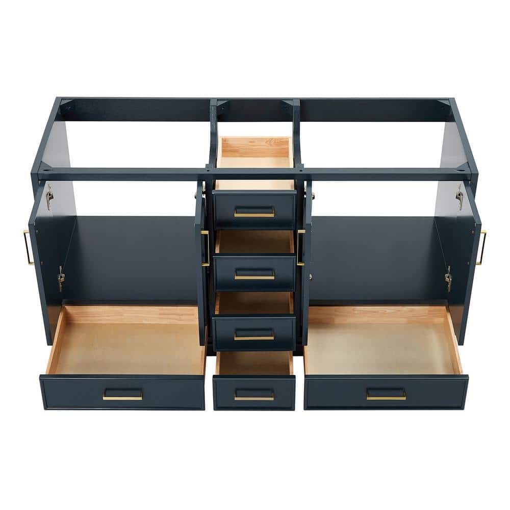 Midnight Blue Double Freestanding Vanity with Satin Brass Hardware