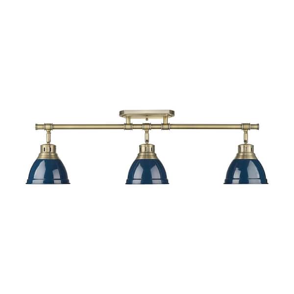 Duncan 6.5 in. 3-Light Aged Brass Semi-Flush Mount with Blue Shade and No Bulbs Included