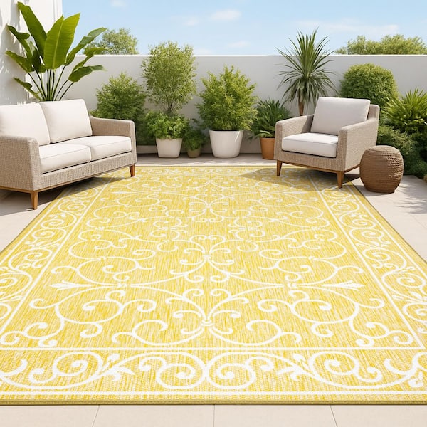 Charleston Vintage Filigree Textured Weave Yellow/Cream 9 ft. x 12 ft. Indoor/Outdoor Area Rug