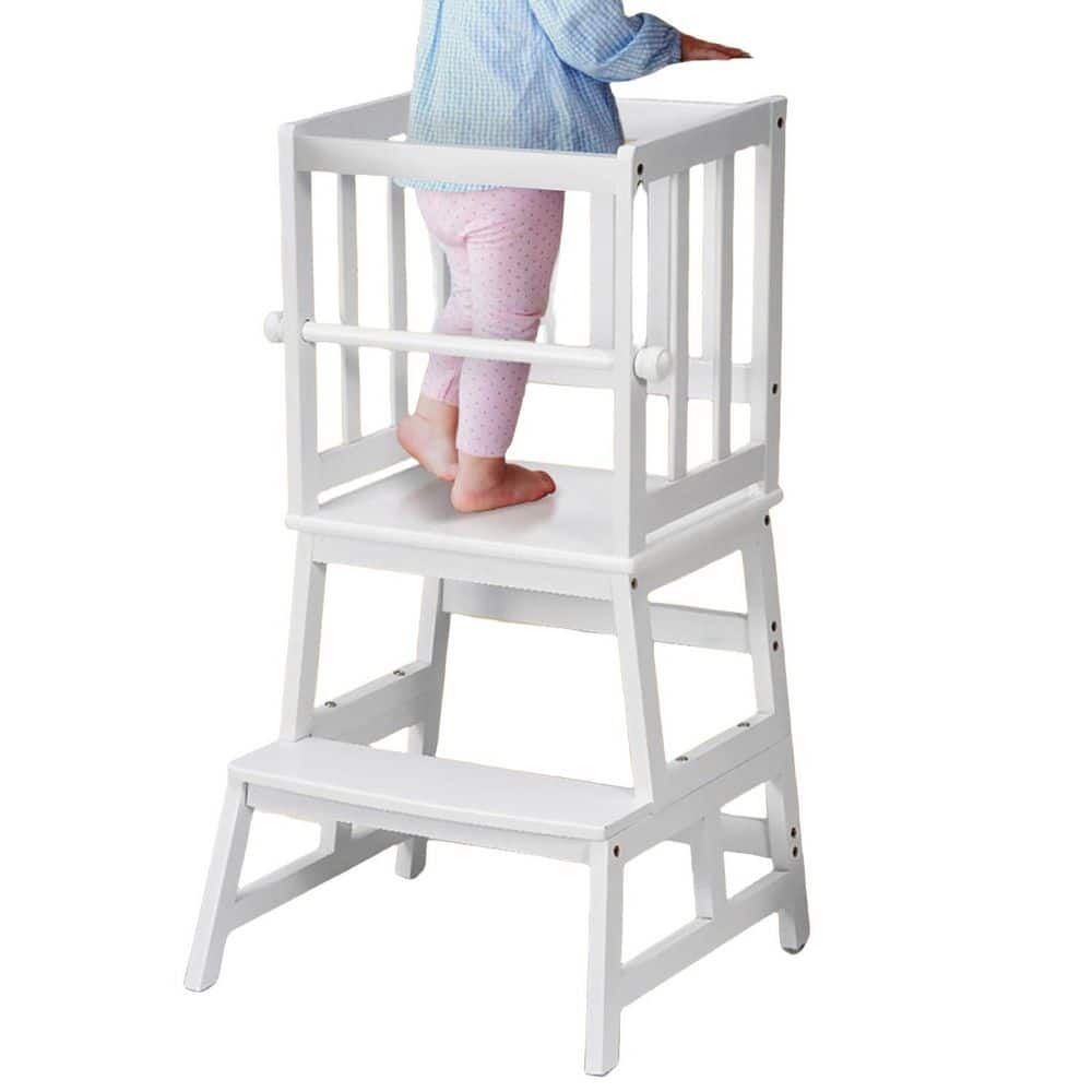 35.26 in. x 17.8 in. Step Stool with Gloves, Toddler Step Stool with Detachable Safety Guardrail and Non-slip Mat, White