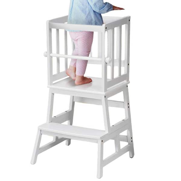 Reach 35.26 in. Height Step Stool with Gloves, Step Stool with Detachable Safety Guardrail and Non-slip Mat, White