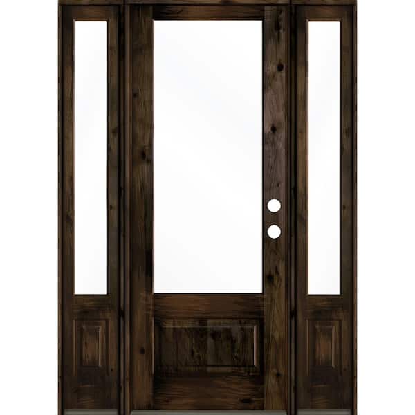 Krosswood Doors 64 in. x 96 in. Farmhouse Knotty Alder Left-Hand/Inswing 3/4-Lite Clear Glass Black Stain Wood Prehung Front Door