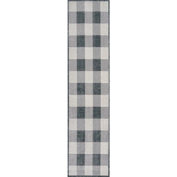 Light Gray/Dark Gray/Cream 2 ft. x 8 ft. Gingham Gradient Plaid Cottage Machine-Washable Runner Rug