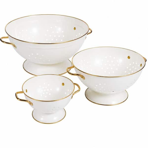 3-Piece Sturdy Metal Colander Set / Wide Base, Standard Mesh, Kitchen Essential Strainer Set, 1 and 3.5 and 5 Qt, Cream