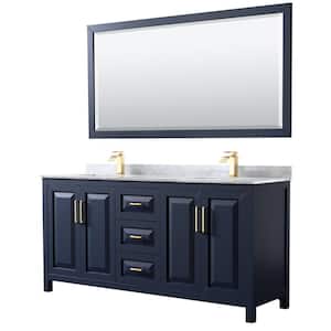 Daria 72 in. Double Vanity in Dark Blue with Marble Vanity Top in White Carrara with White Basins and 70 in. Mirror