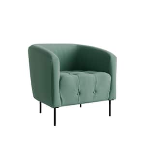 CeCe Turquoise Blue Velvet Fabric Mid-Century Modern Button-Tufted Barrel Chair