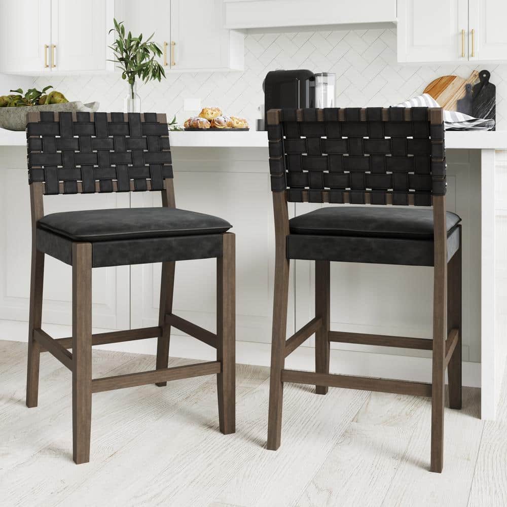 Cohen Black Faux Leather Saddle Counter Stools with Wood Frame, Set of 2