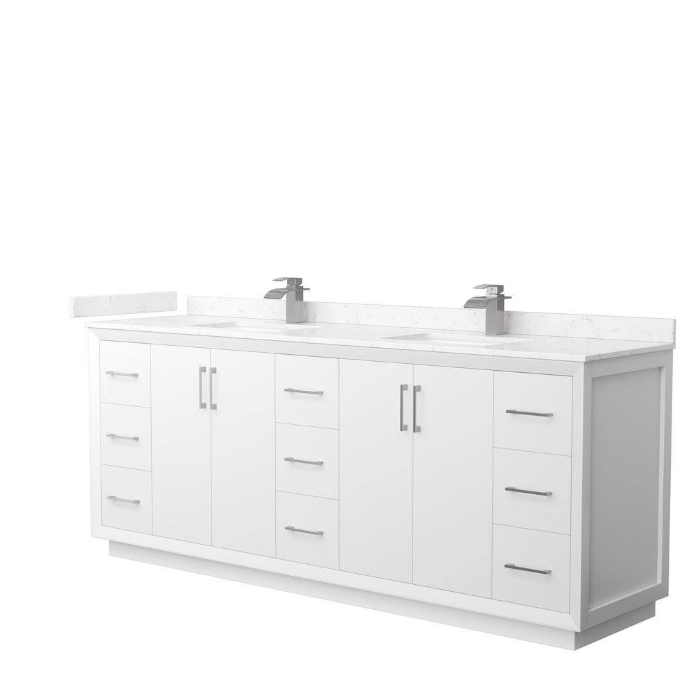 Wyndham Collection Strada 84 in. W x 22 in. D x 35 in. H Double Bath Vanity in White with Carrara Cultured Marble Top, White with Brushed Nickel Trim -  WCF414184DWHC2UNSMXX