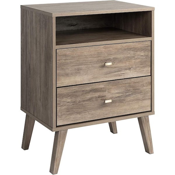 ULSMVOC SMT 2-Drawer Bleached Gray Mid-Century Modern Bedside Table With Open Shelves 16 in. D x 22.5 in. W x 29.5 in. H