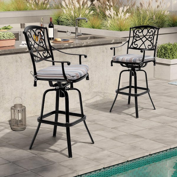 Swivel Cast Aluminum Outdoor Bar Stool with Sunbrella Colored Blue Cushion (2-Pack)