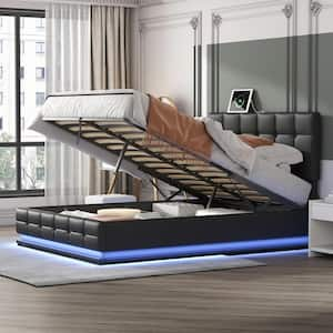 Black Wood Frame Queen Size Tufted PU Upholstered Storage Platform Bed with LED Lights and USB charger