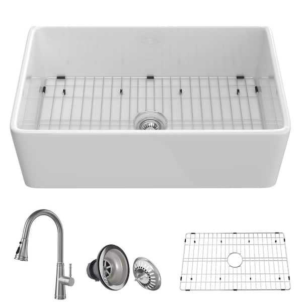 Unbranded 36 in. Farmhouse Single Bowl Fireclay ApronKitchen Sink with Brushed Nickel Faucet & Bottom Grid & Sink Drain Strainer