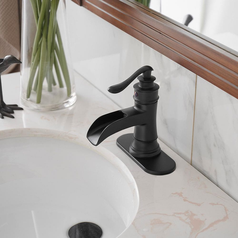 Matte Black Single-Handle Waterfall Bathroom Faucet with Deck Plate