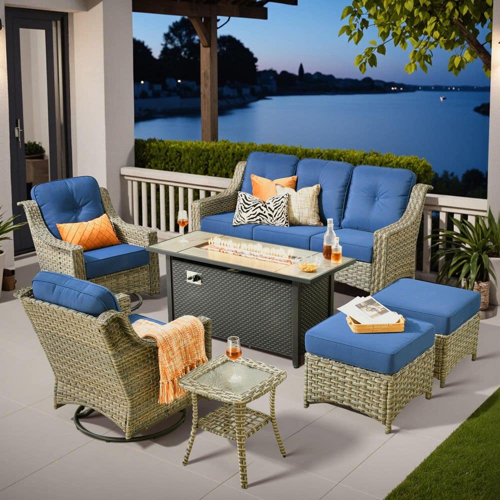 Cherry 7-Piece Wicker Outdoor Furniture Patio Fire Pit Conversation Sofa Set with Swivel Chairs and Navy Blue Cushions