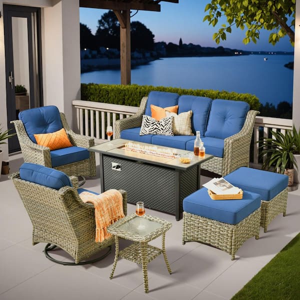 HOOOWOOO Cherry 7-Piece Wicker Outdoor Furniture Patio Fire Pit Conversation Sofa Set with Swivel Chairs and Navy Blue Cushions