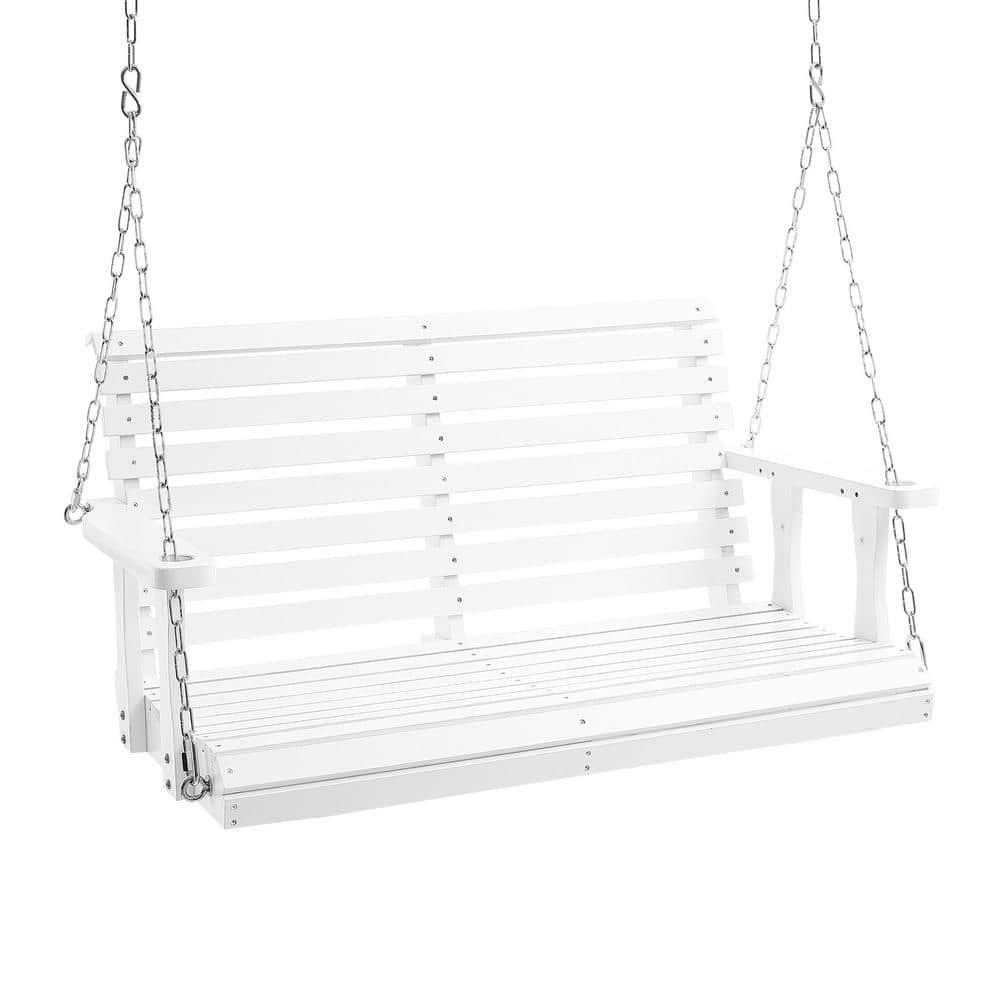4 ft. Wooden Porch Swing Bench with Hanging Chains, 880 lb Capacity, Outdoor Patio Swing, White