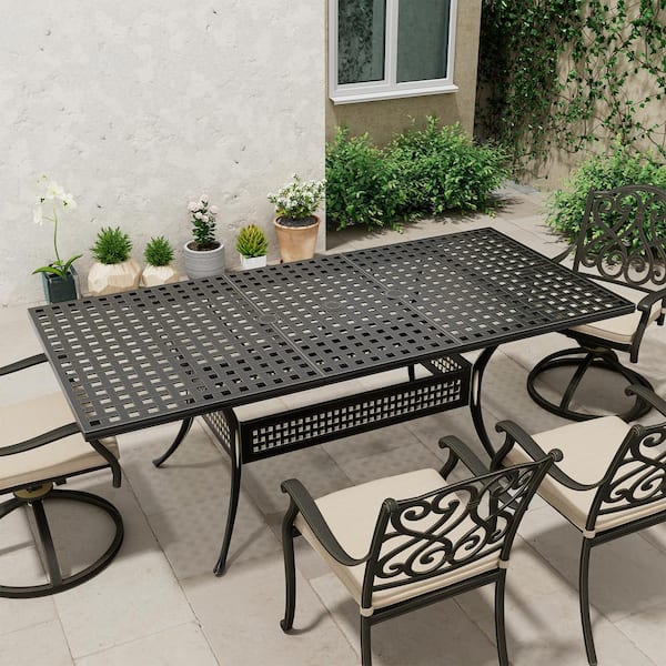 80 in. W x 38 in. D Black Cast Aluminum Outdoor Patio Grid Style Expandable Rectangular Dining Table with Umbrella Hole