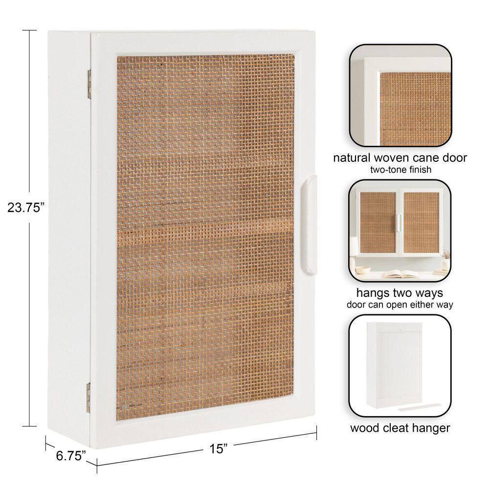 White and Natural Rattan Wall Cabinet with Three Shelves
