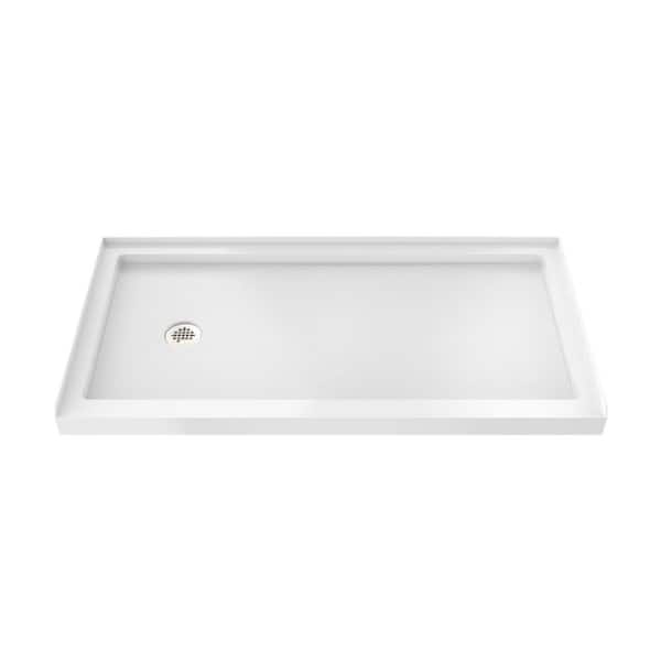 SlimLine 60 in. L x 32 in. W Alcove Rectangular White Shower Pan Base with 2 in. Round Left Drain in Polished Nickel