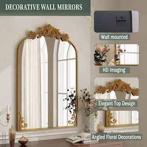 24 in. W x 38 in. H Arched Bronze Aluminum Alloy Framed with Carved Decoration Wall Mirror