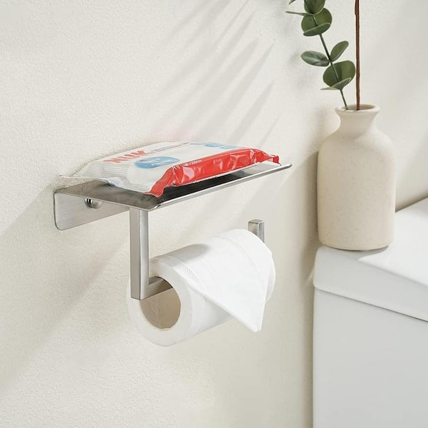 Bath Wall-Mount Single Post Toilet Paper Holder with Shelf in Brushed Nickel(2 Pack)