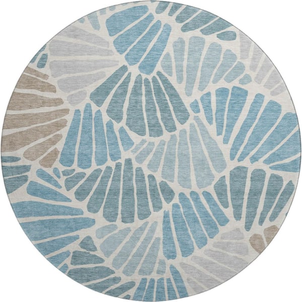 Mayfield Premium Machine Washable Abstract AMF2384 Teal 8 ft. x 8 ft. Round Rug