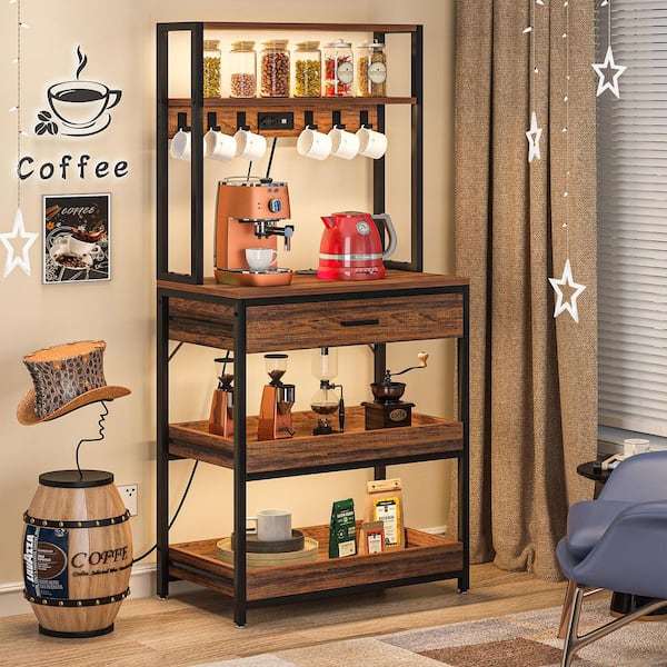 Bachel Vintage Brown Baker's Rack with Power & USB Outlets, 5-Tier Microwave Oven Stand with Drawer and Sliding Shelves
