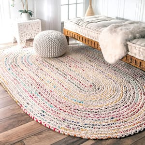 Tammara Colorful Braided Ivory 5 ft. x 8 ft. Oval Rug