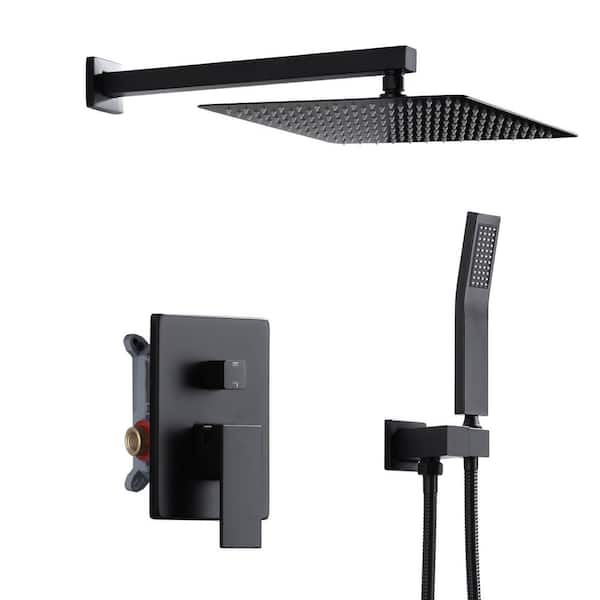 Single Handle 1-Spray Dual Wall Mount 12 in. Fixed and Handheld Shower Head 1.8 GPM with Brass Rough-in Valve in Black