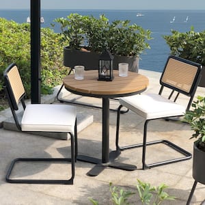Outdoor Upholstered Ratten Dining Side Chairs with Cane Backrest, Chromed Metal Frame and Beige Cushion (Set of 2)