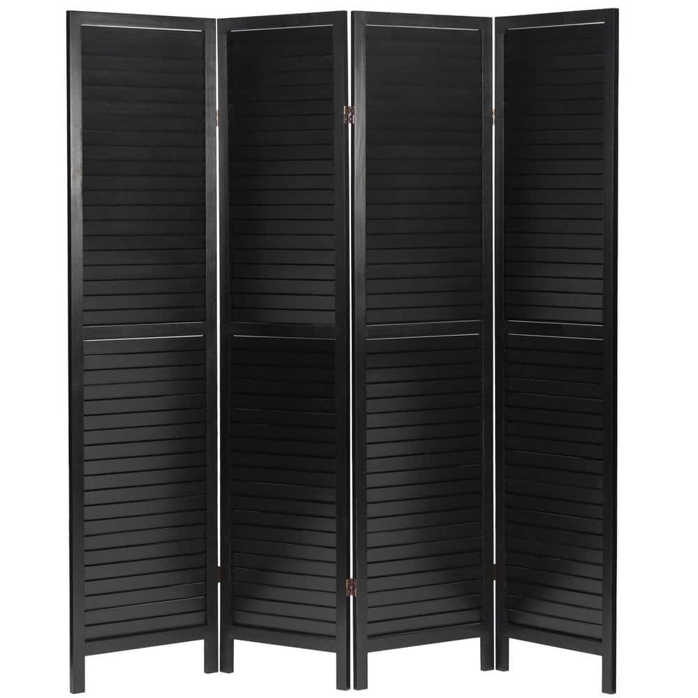 Black 6 Ft Tall Wooden Louvered 4-Panel Room Divider