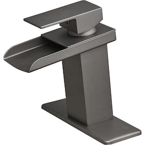 Single Handle Single Hole Bathroom Faucet with Deckplate Modern Waterfall Brass Bathroom Sink Faucets in Gray