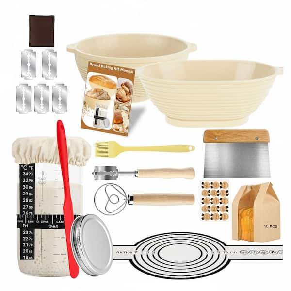 24-Pack Sourdough Starter Kit w/ 34oz Jar, 9 in. Round and 10 in. Oval Silicone Banneton Baskets, Bread Baking Tools Set