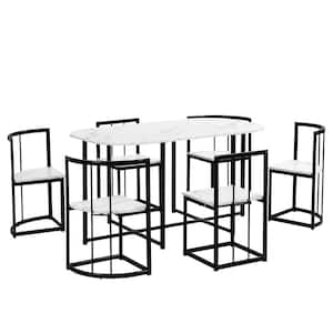 Black and White 7-Piece Metal Outdoor Dining Modern Dining Table Set with Faux Marble Compact 55 Inch Table Set for 6