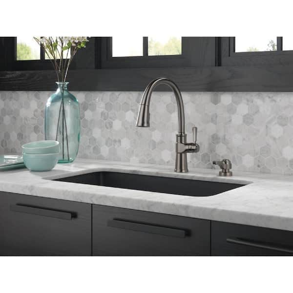 Spargo Single-Handle Pull-Down Sprayer Kitchen Faucet with ShieldSpray and Soap Dispenser in Black Stainless