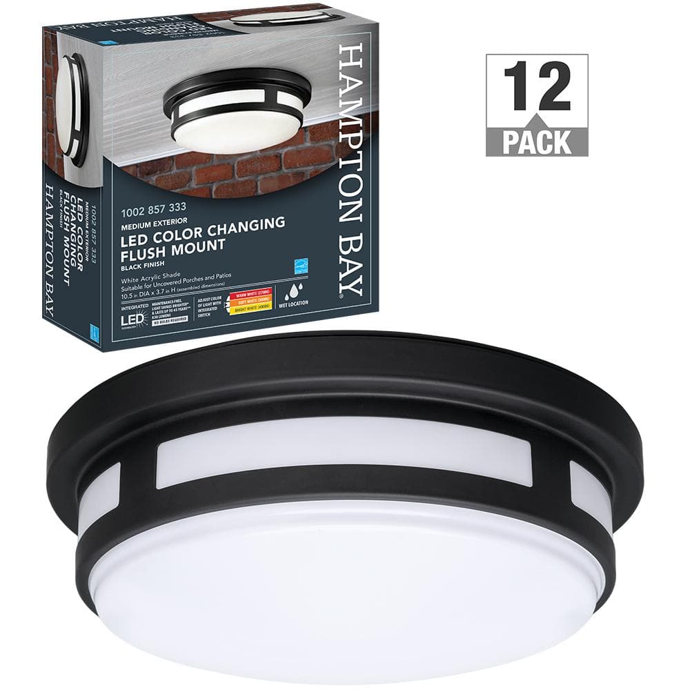 Hampton Bay 11 in. Round Black Indoor Outdoor LED Flush Mount Ceiling Light Adjustable CCT 830 Lumens Wet Rated (12-Pack)