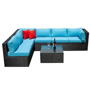 5-Piece Black Wicker Outdoor Sectional Furniture Set with Blue Cushions Pillows for Backyard Porch Balcony