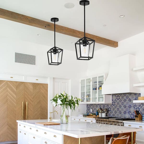 1-Light Matte Black Modern Farmhouse Cage Lantern Pendant Light with Clear Glass Shade, perfect for Dining Room