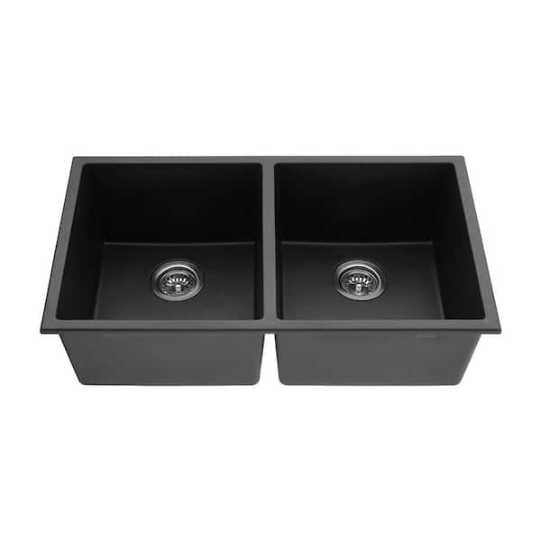 Unbranded Black Quartz 32 in. x 18 in. Double Bowl Undermount Kitchen Sink with Bottom Grid