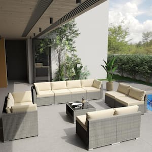 11-Piece Wicker Outdoor Patio Sectional Sofa Conversation Set with Coffee Table and Beige Cushions